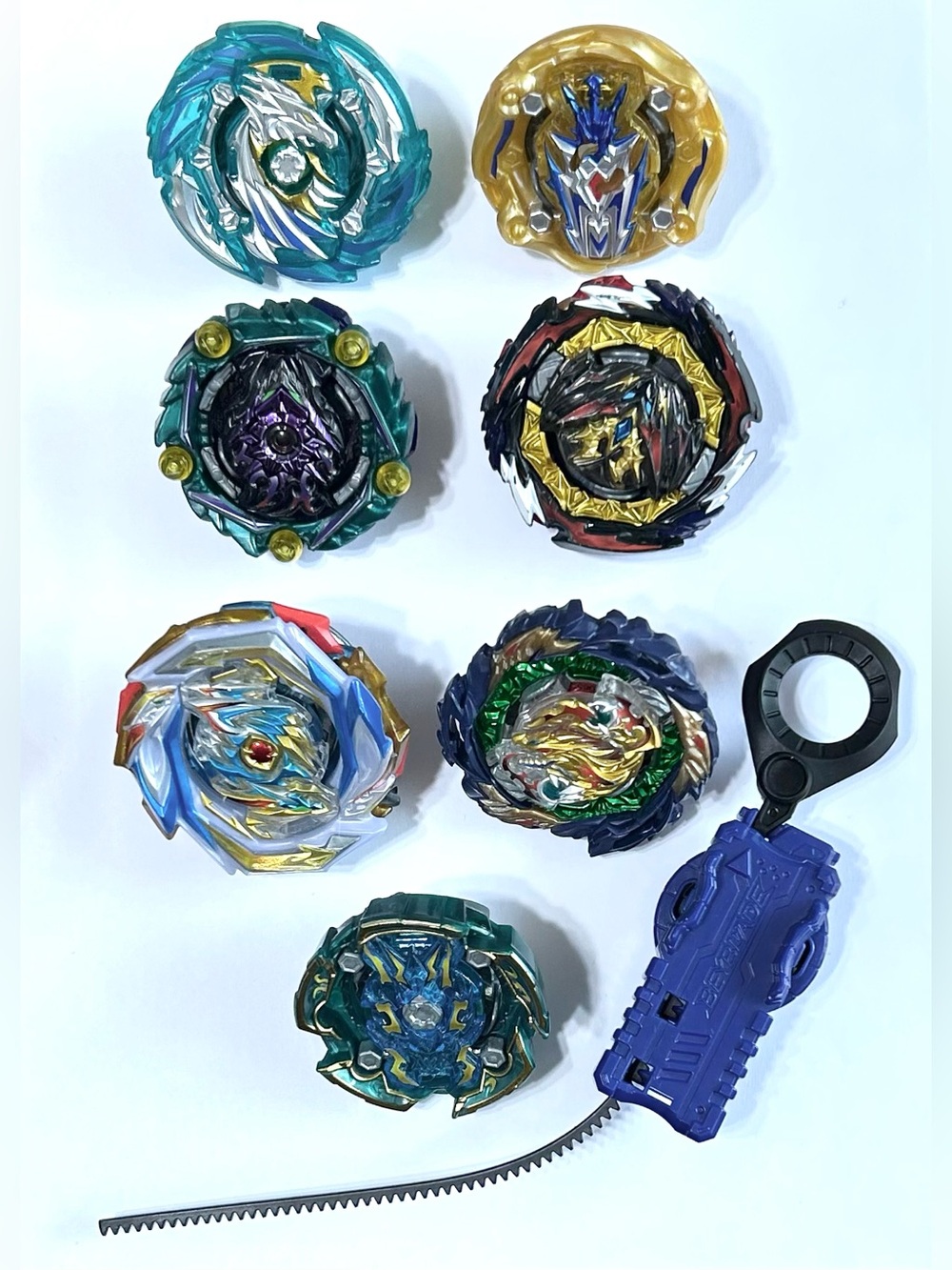 7 Beyblade Burst Rise Beyblades (Some Rare /HTF) and 1 Launcher/Ripcord